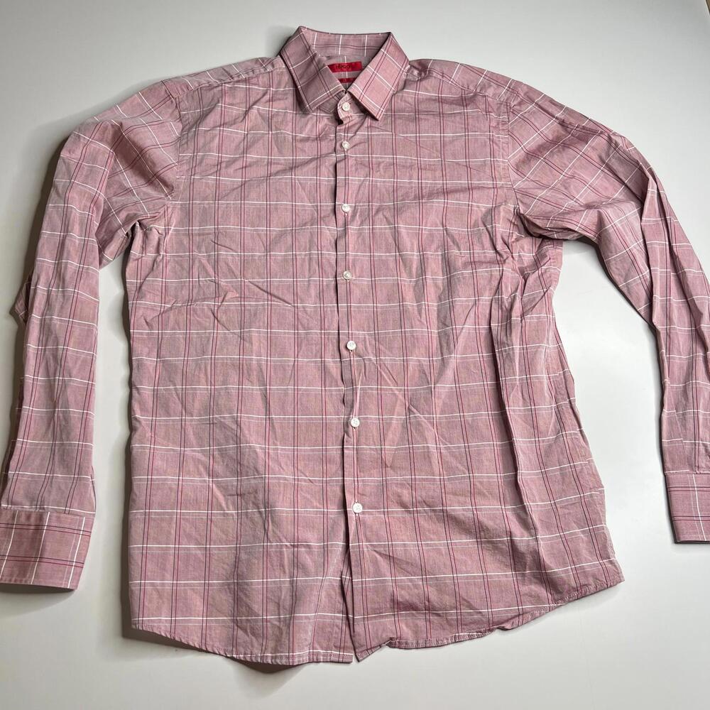 HUGO Boss Mens Dress Shirt Sharp Fit Size 16‎ 34/35 Red Plaid Long Sleeve Slim
